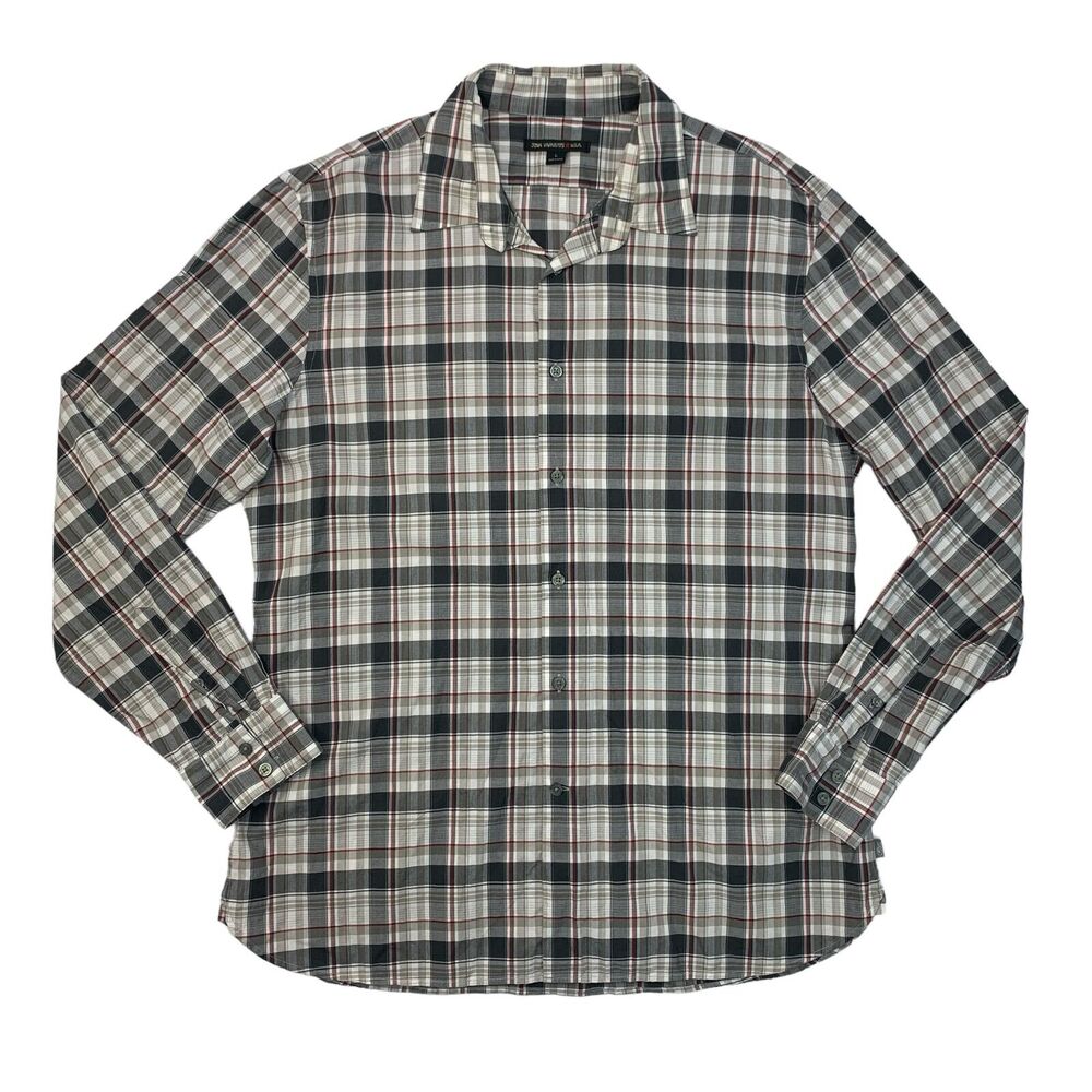 John Varvatos Shirt Mens L Large Button Up Plaid Long Sleeve Cotton Darted Slim